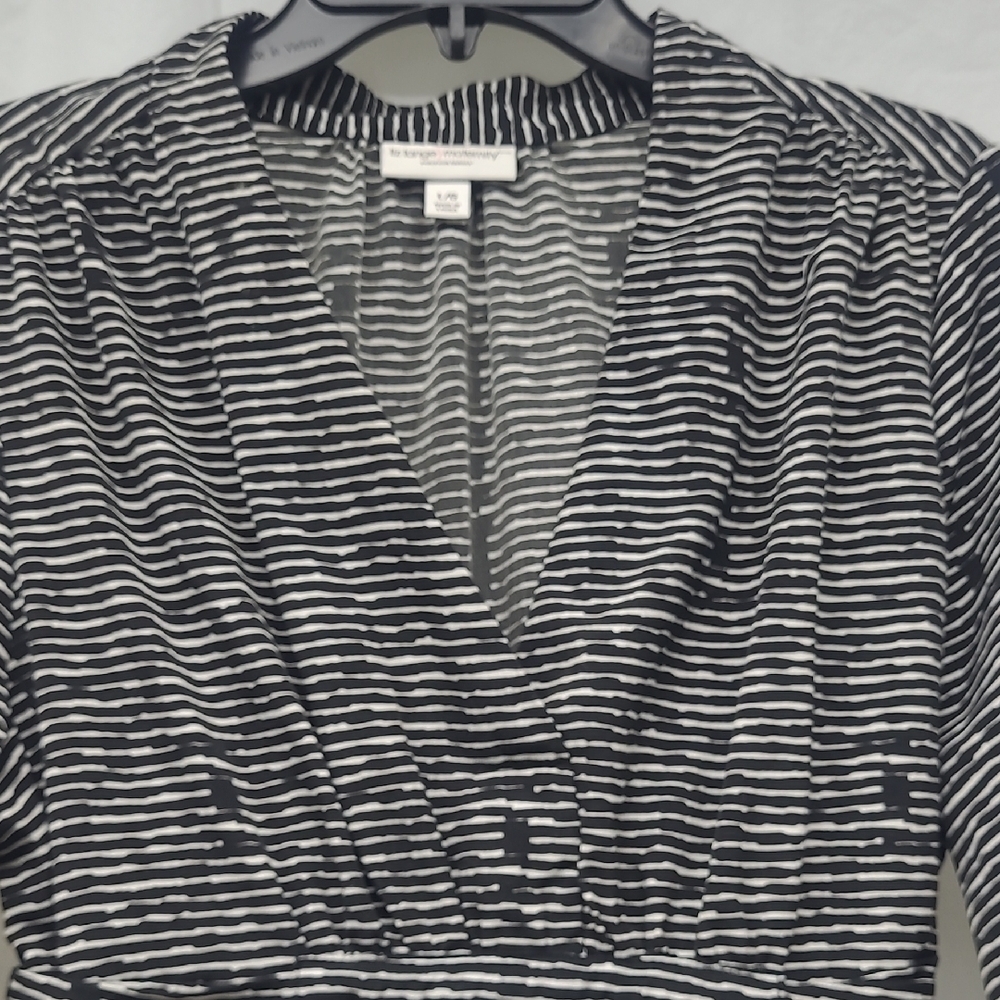 Liz Lange Maternity Tunic Top Large Black White Striped V Neck Belted Empire Wst - Picture 3 of 8